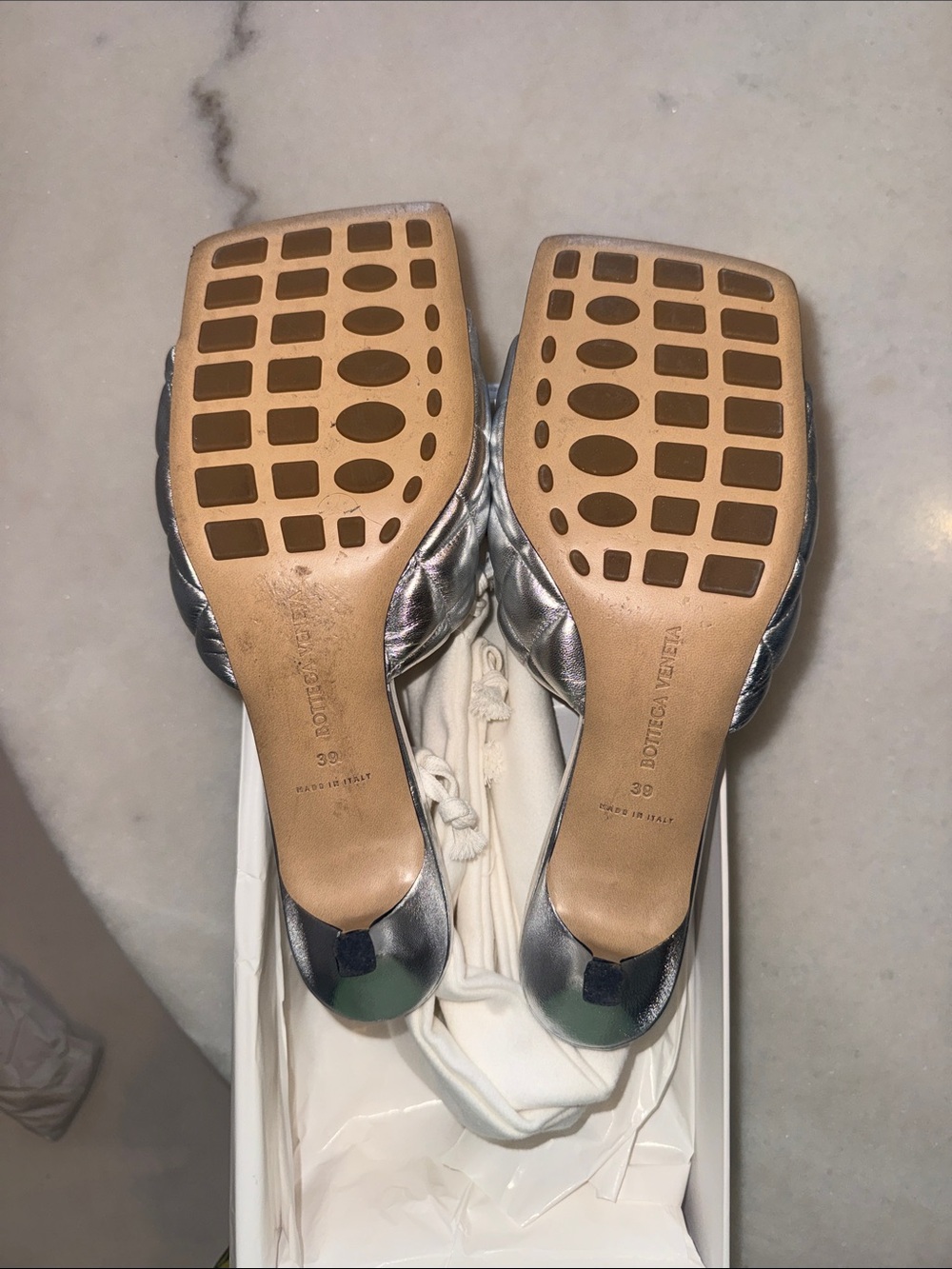 Bottega Veneta Quilted Padded Metallic Silver Slide 1 1/2” kitten heel - Picture 9 of 11